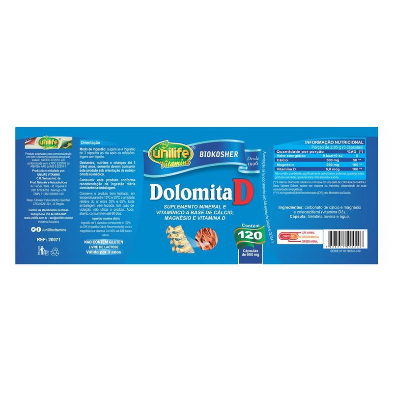 unilife-DolomitaD-calcio-magnesio-vitaminaD-biokosher-950mg-120-capsulas-loja-projeto-verao-rotulo