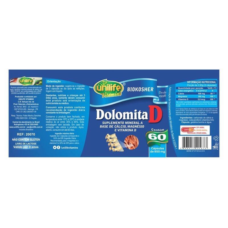 unilife-DolomitaD-calcio-magnesio-vitaminaD-biokosher-950mg-60-capsulas-loja-projeto-verao-rotulo