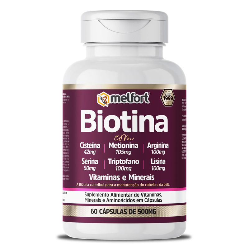 melfort-biotina-com-l-cisteina-metionina-arginina-serina-triptofano-lisina-vits-min-500mg-60-capsulas